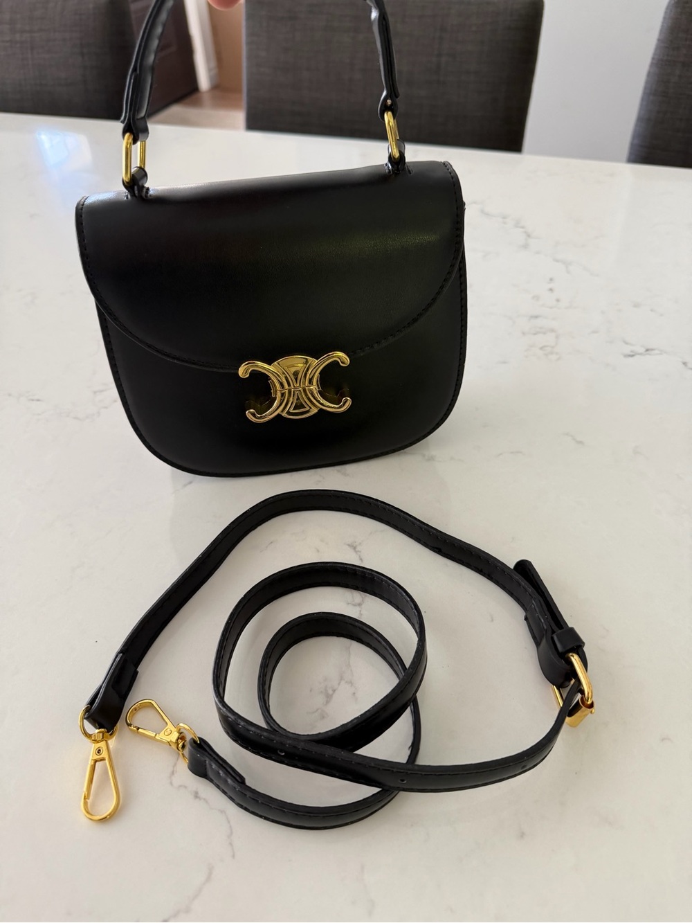 Black Leather Top-Handle Bag with Gold Accent - Picture 3 of 5